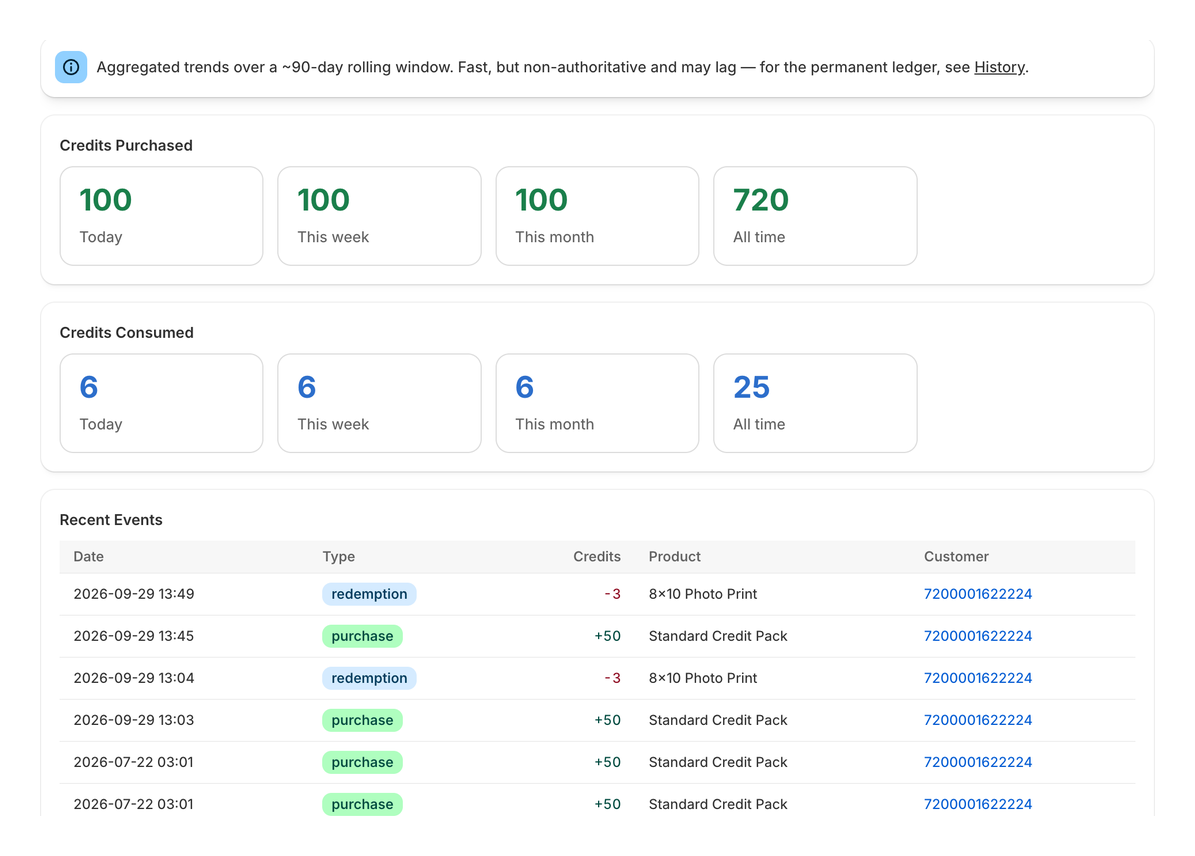 The analytics page: credits purchased and consumed today, this week, this month and all time, above a table of recent purchase and redemption events.