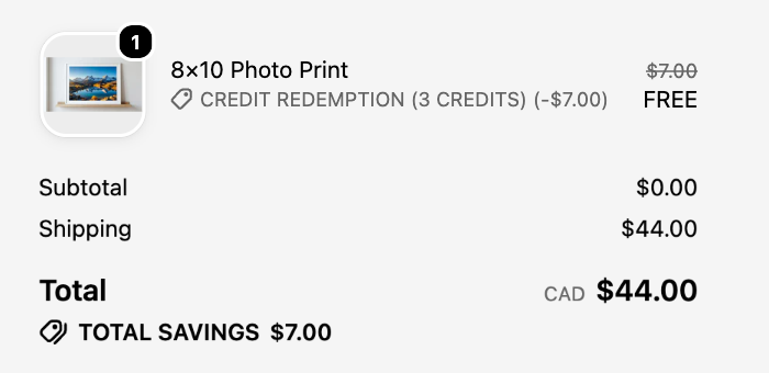 A Shopify order summary: an 8×10 photo print, normally $7.00, shows FREE with a “Credit redemption (3 credits)” discount, and total savings of $7.00.