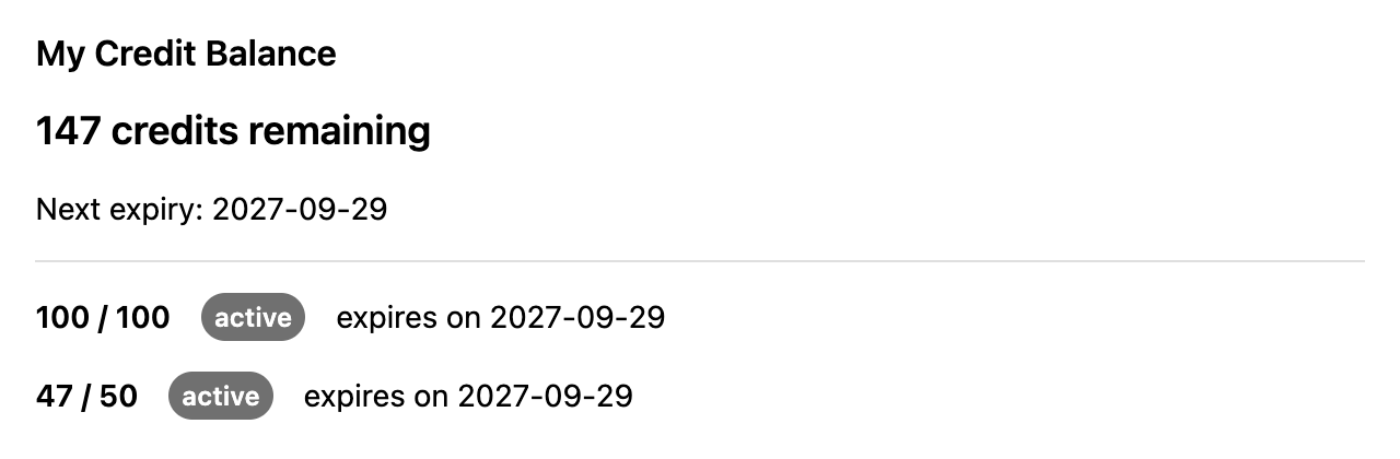 The “My Credit Balance” card in a customer account: 147 credits remaining, the next expiry date, and each pack's remaining credits with its own expiry.