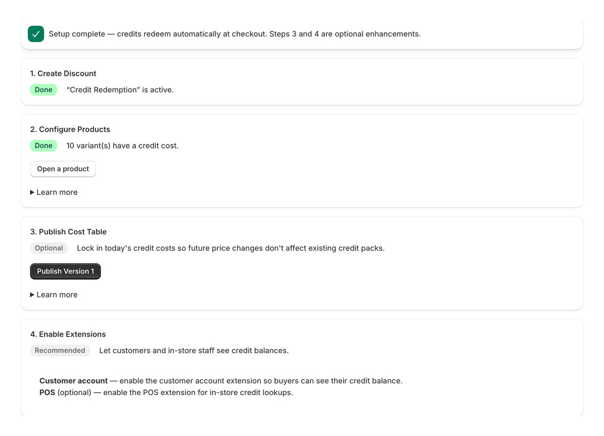 The setup page: four numbered steps — create the discount and configure products marked done, publish the cost table optional, enable the customer and POS extensions recommended.